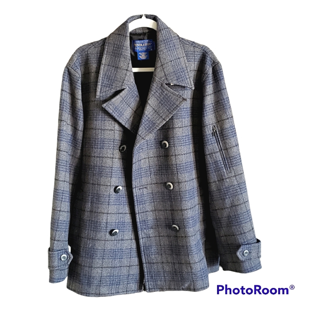 Pendleton Men's Wool Plaid Pea Coat Fitted Lined Size XL